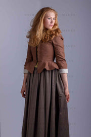 Georgian woman wearing a brown linen bodice with embroidered stomacher (Lauren 064)